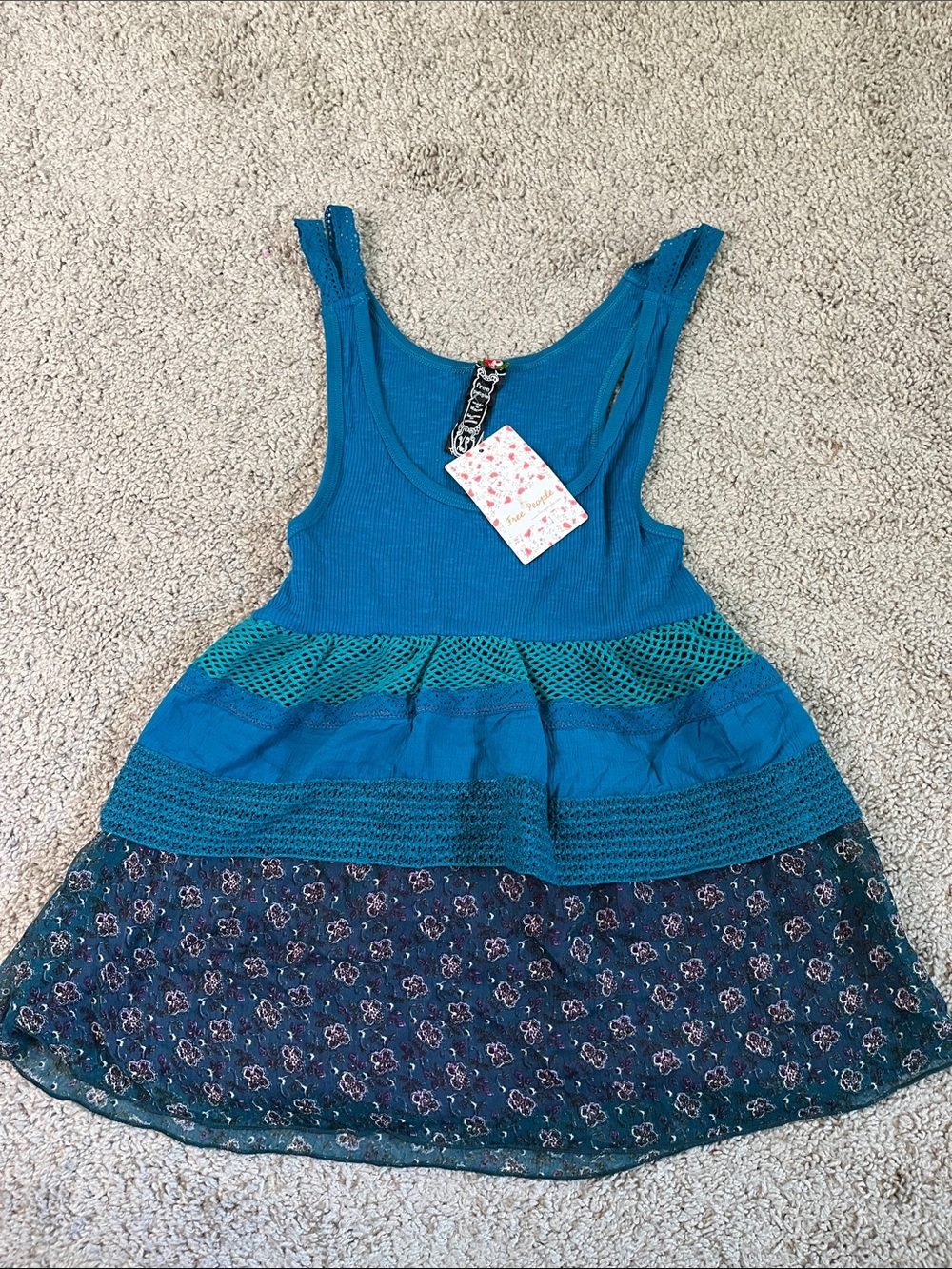 Free People Teal Navy Blue Purple Mixed Media Tiered Tank Top Crochet XS NWT